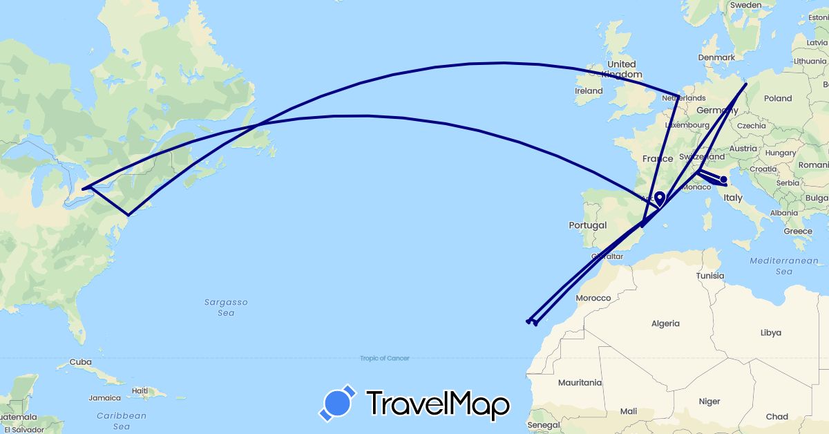 TravelMap itinerary: driving in Canada, Germany, Spain, Italy, Netherlands, Poland, United States (Europe, North America)